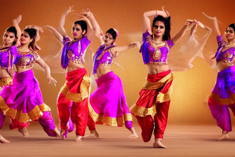 Prompt: still photo of bollywood dancers dancing, wearing silk cloth in whole body, highly detailed, photorealistic portrait, bright studio setting, studio lighting, crisp quality and light reflections, unreal engine 5 quality render