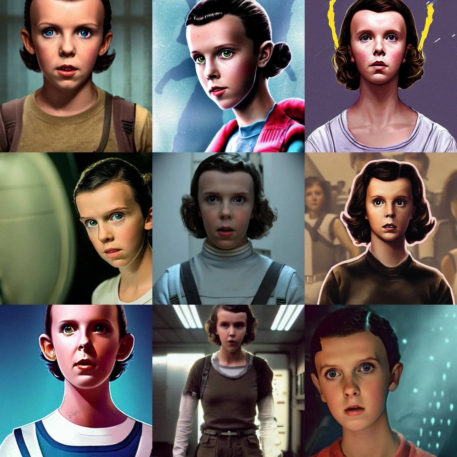 Prompt: Eleven/Millie Bobbie Brown as Ripley from Alien