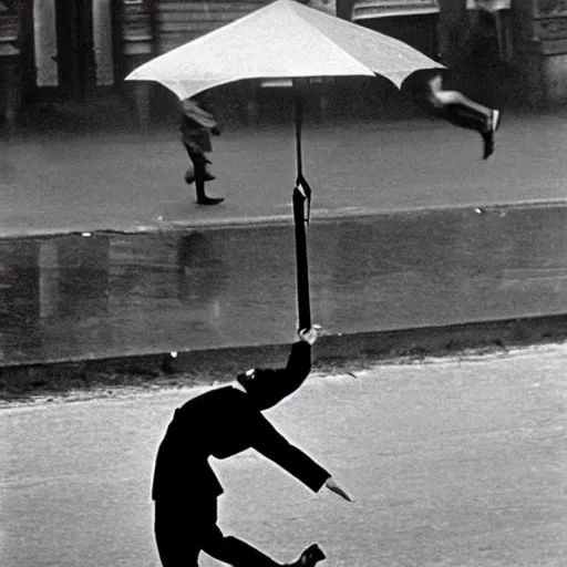 Image similar to the man leaping with umbrella, by henri cartier bresson,