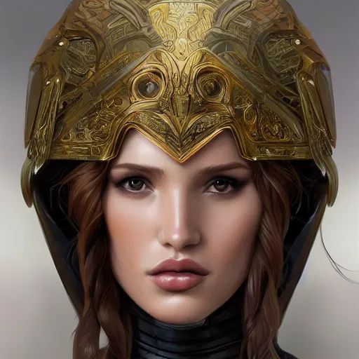 Image similar to ultra realistic illustration, bella thorne wearing valkyire helm, intricate, elegant, highly detailed, digital painting, artstation, concept art, smooth, sharp focus, illustration, art by artgerm and greg rutkowski and alphonse mucha