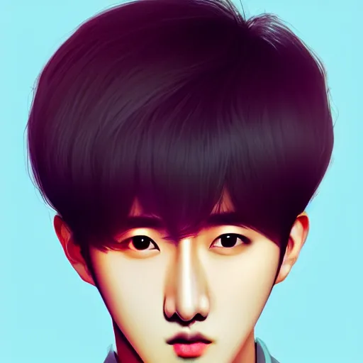 Image similar to K-pop idol Changbin, muted colors, matte print, pastel colors, 2d, ultra highly detailed, smooth, sharp focus, digital art, digital painting, fan art, elegant, artstation, head is centered, by Ilya Kuvshinov