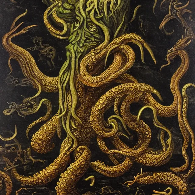 Image similar to a cthulhu monster, flemish baroque painting by jan van kessel the younger, black background, intricate high detail masterpiece