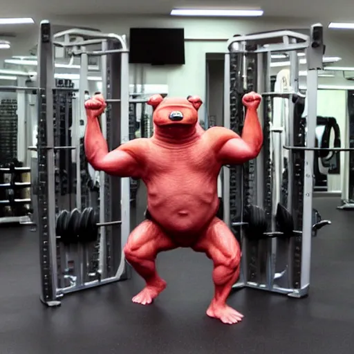 Prompt: muscular tardigrade at the gym, fat and strong, multiple arms lift many weights