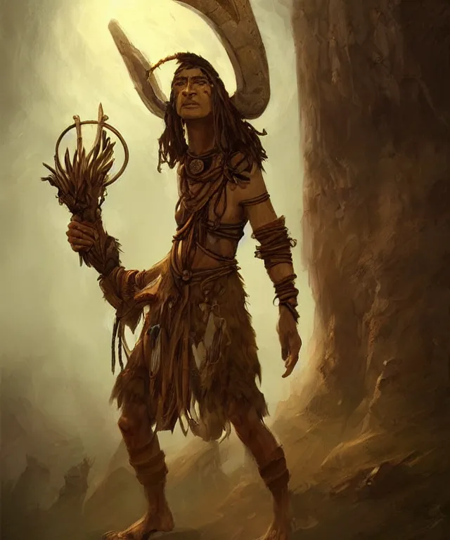 Image similar to Neolithic shaman wearing Oculus Virtual Reality set, prehistoric, realistic character concept art, full body portrait painting, DeviantArt Artstation, by Jason Felix by Steve Argyle by Tyler Jacobson by Peter Mohrbacher, cinema