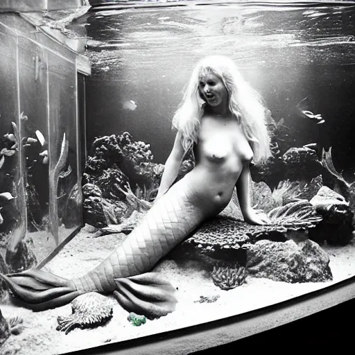 Prompt: the last mermaid in an old aquarium, circa 2009, photograph