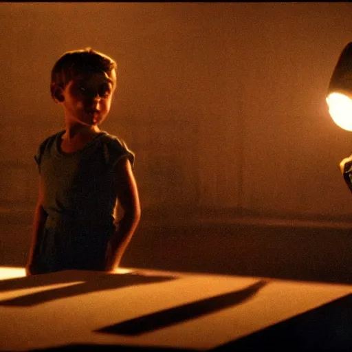 Image similar to movie scene of a iluminated boy, movie still, cinematic composition, cinematic light, criterion collection, reimagined by industrial light and magic, Movie by David Lynch and Ridley Scott