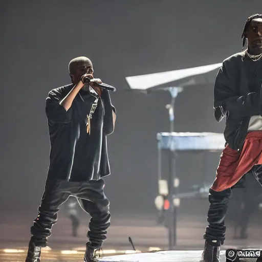 Prompt: Kanye west and Travis Scott performing while raining at plaza de bolivar in armenia quindio, daytime