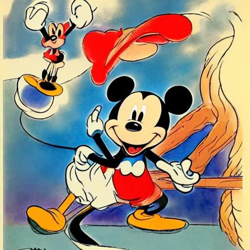 Image similar to mickey mouse is a monster, by carl barks, marc davis and glen keane, watercolor