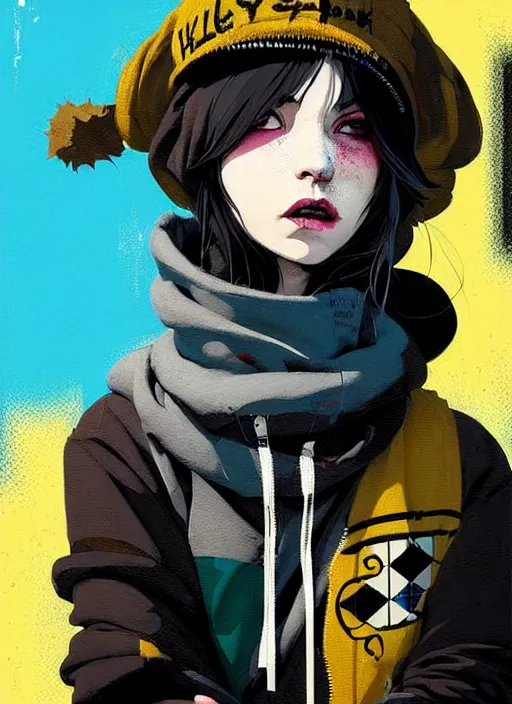 Image similar to highly detailed portrait of a sewer punk lady student, blue eyes, tartan hoody, hat, white hair by atey ghailan, by greg rutkowski, by greg tocchini, by james gilleard, by kaethe butcher, gradient yellow, black, brown and cyan color scheme, grunge aesthetic!!! ( ( graffiti tag wall ) )
