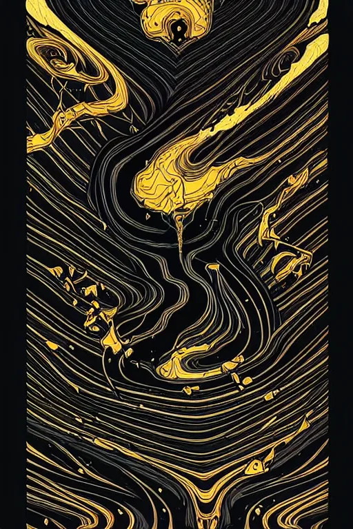 Image similar to beautiful dark chaos, swirling black gold obsidian fluids by James Jean and dan mumford and James Gilleard