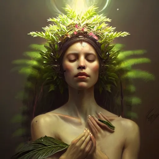 Prompt: a beautiful portrait of a plant goddess with closed eyes by Greg Rutkowski and Raymond Swanland, Trending on Artstation, ultra realistic digital art