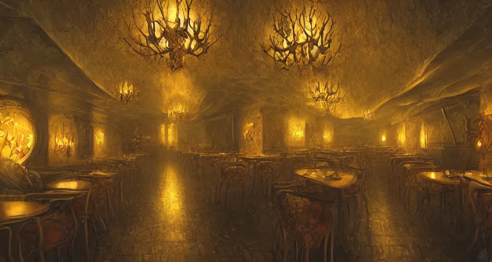 Prompt: a big creepy restaurant, intricate, elegant, glowing lights, highly detailed, digital painting, artstation, concept art, smooth, sharp focus, illustration, great space, zdzisław beksinski, 8 k, very high resolution, processing, extremely hyperdetailed