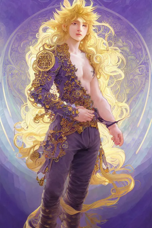 Image similar to fullbody portrait of a young hero with curly blond hairs, soft smile, baroque cloth, luminous scene, final fantasy and legue of legends champion, by chengwei pan and alpfons mucha, gradient white to gold, in front of an iridescent magical building background, highly detailed portrait, digital painting, smooth, focus illustration