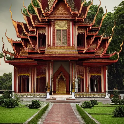 Prompt: thailand gothic revival architecture, by marc simonetti, natural volumetric lighting, realistic 4k octane beautifully detailed render, 4k post-processing, Architecture, buildings, Extreme long shot, extreme wide shot, Autochrome,