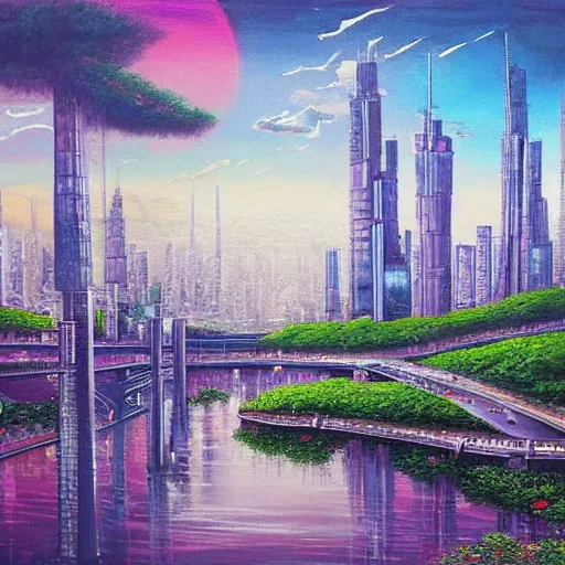 Image similar to Beautiful city of the future in harmony with nature. Beautiful detailed painting by Lurid. (2022)