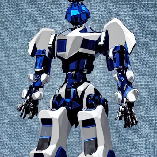 Prompt: a full length portrait of a standing mecha with stealthy shaped blue and white armor plating and exposed intricate carbon fiber articulations, Brian Sum, metal gear