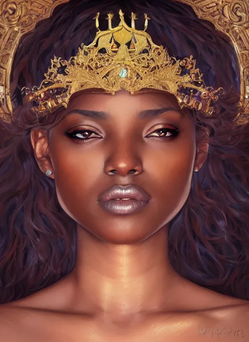 Image similar to portrait of a stunningly beautiful young black woman wearing a crown, highly detailed, digital painting, artstation, concept art, sharp focus, illustration, art by artgerm and greg rutkowski and alphonse mucha, incredibly beautiful and symmetrical face, incredibly detailed, award winning art, royal
