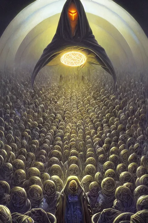 Prompt: a quantum computer surrounded by a dark cabal of hooded elven mystics with long robes gathered in a circular formation, michael whelan, dan seagrave, boris vallejo