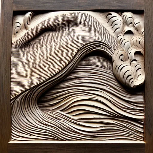 Prompt: Woodcarving of beautiful giant waves texture