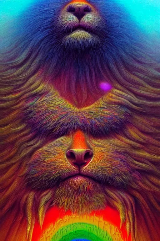 Prompt: hyperrealistic close-up baroque psychedelic!! god happy fluffy kind monster!! peaceful kind spirit of nature highly detailed concept art eric zener elson peter cinematic hard rainbow lighting high angle hd 8k sharp shallow depth of field, inspired by Zdzisław Beksiński