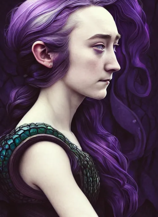 Image similar to side portrait Saoirse Ronan as dark witch, adventurer outfit large cloak, fantasy forest landscape, dragon scales, fantasy magic, undercut hairstyle, short purple black fade hair, dark light night, intricate, elegant, sharp focus, illustration, highly detailed, digital painting, concept art, matte, art by WLOP and Artgerm and Greg Rutkowski and Alphonse Mucha, masterpiece