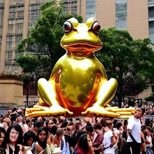 Image similar to people worship a huge golden frog statue