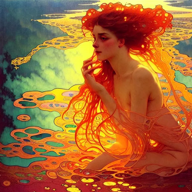 Image similar to mind bending ocean waves of glossy psychedelic liquid honey drops flowing like kaleidoscopic translucent amber, lsd waves, dmt ripples, crystal clear, backlit, sunset, refracted lighting, art by collier, albert aublet, krenz cushart, artem demura, alphonse mucha