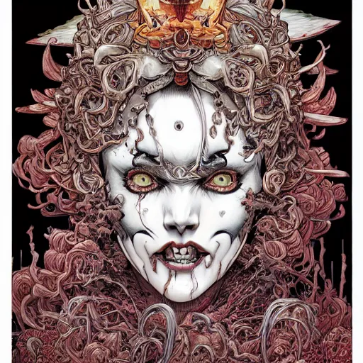 Image similar to portrait of mad zombie queen, symmetrical, by yoichi hatakenaka, masamune shirow, josan gonzales and dan mumford, ayami kojima, takato yamamoto, barclay shaw, karol bak, yukito kishiro illustration, clear line