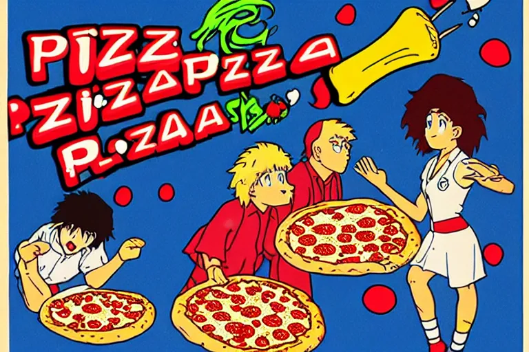 Image similar to pizza, 80s, advertisement, anime, explosion