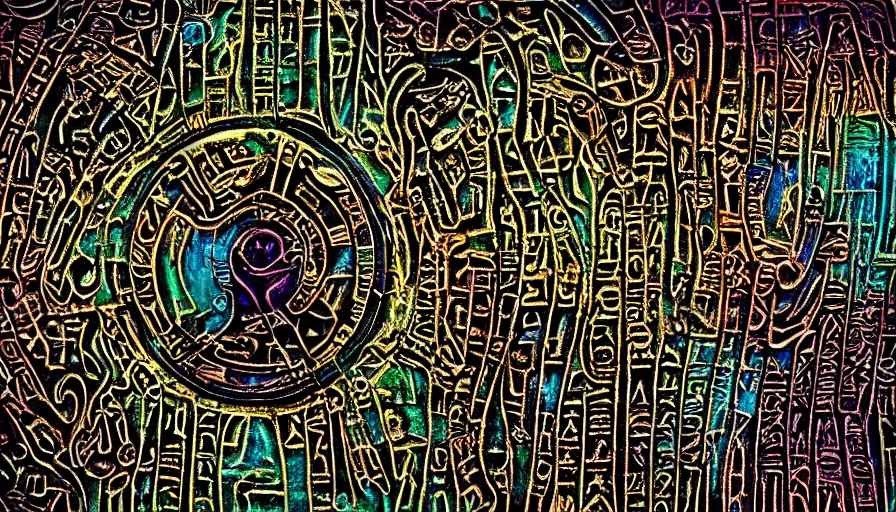 Image similar to h. r. giger hieroglyphs, sorrow intense likely, acid neochrome rainbow gold chrome metal metallic, sense of decay given, throw into the abyssal despair, various refining techniques, micro macro auto focus, top photography photo art gallery, realistic photo, insane detail