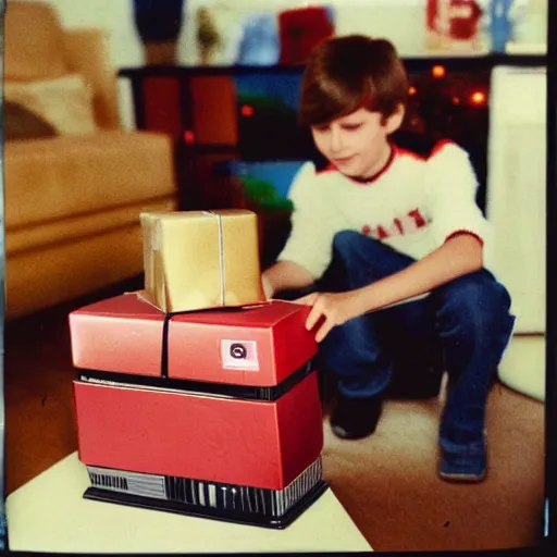 Image similar to Kid unwrapping a Playstation 4 on Christmas, 1980's Polaroid photograph