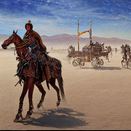 Prompt: a robot riding a horse through burning man, painting by james gurney