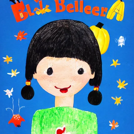 Prompt: children's book illustration of little girl black hair cut in a bob with bangs wearing a blue dress with jingle bells sewn all over at a halloween costume contest