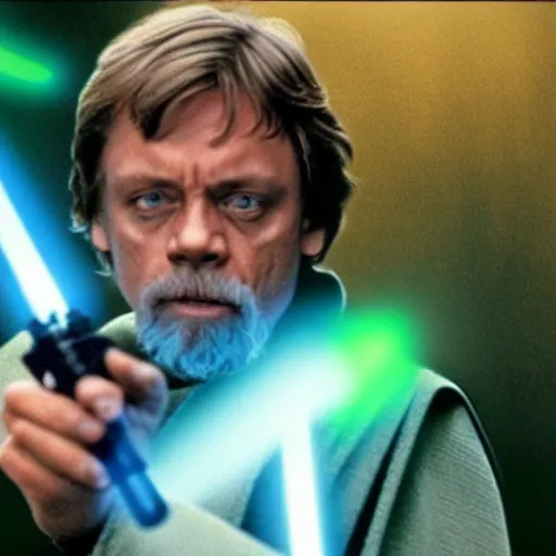 Image similar to a still from a film featuring mark hamill as jedi master luke skywalker, holding a green lightsaber by the hilt, yelling, 3 5 mm, directed by steven spielberg, 1 9 9 4