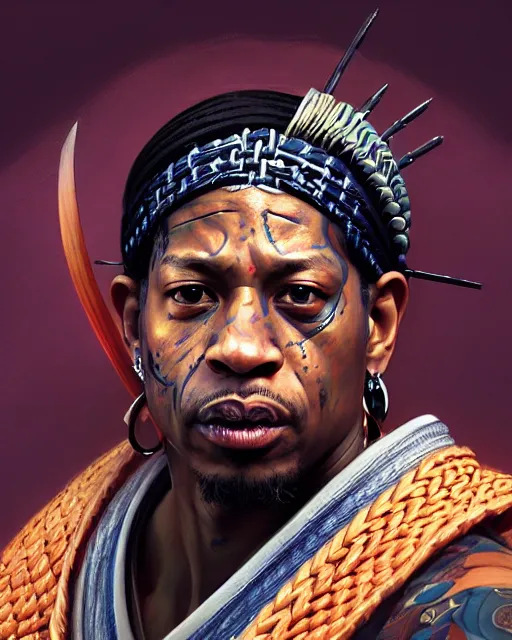Prompt: face portrait of allen iverson as a muscular ronin samurai, wearing a haori, by wlop and peter mohrbacher, dramatic action pose, extremely detailed shading, concept art, digital painting, trending on artstation, unreal engine 5, octane render, atmosphere, glow, cinematic lighting, full of color