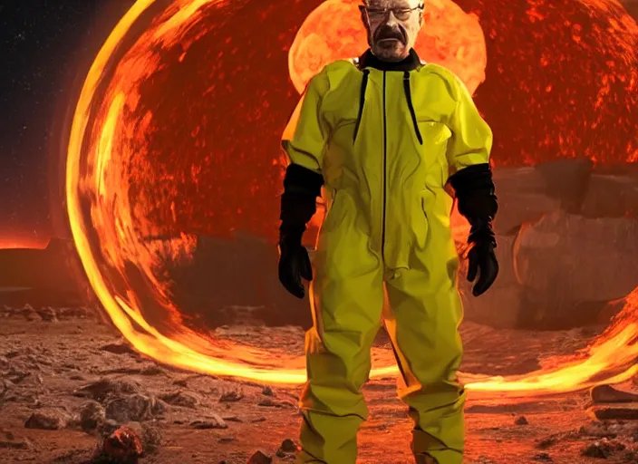 Prompt: film still of Walter White as Gordan Freeman wearing a black HEV suit with a glowing orange black mesa logo in front with a glowing blue portal in the background in the Half Life Movie, 4k