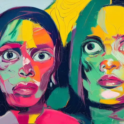 Prompt: a portrait of two beautiful 3 0 year old sisters in a scenic environment by francoise nielly, francis bacon