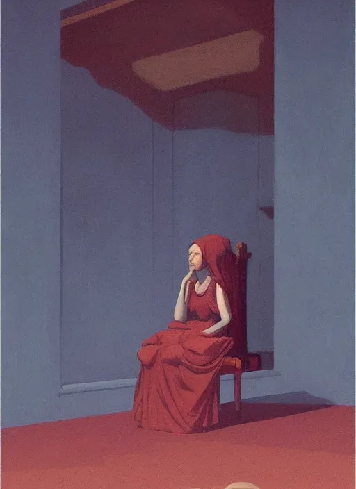 Prompt: woman sitting on a large throne next to a goat on rainy night by Edward Hopper and James Gilleard, Zdzislaw Beksinski, Katsuhuro Otomo highly detailed