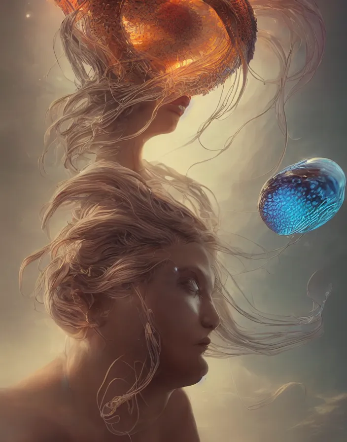 Image similar to goddess portrait. jellyfish phoenix head. intricate artwork by Tooth Wu and wlop and beeple. octane render, trending on artstation, greg rutkowski very coherent symmetrical artwork. cinematic, hyper realism, high detail, octane render, 8k, matte painting, peter mohrbacher, 3d