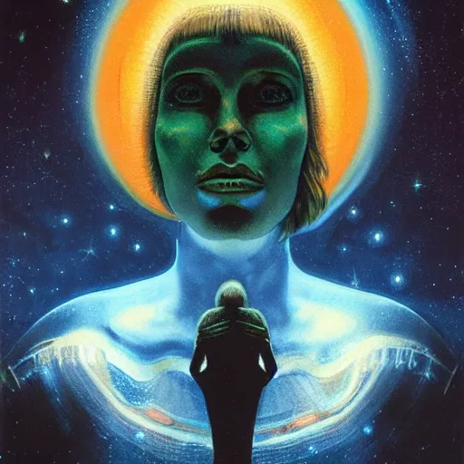 Image similar to beautiful sad female portrait looking down, red and green palette, night lights, starry sky, by ( h. r. giger ) and paul lehr