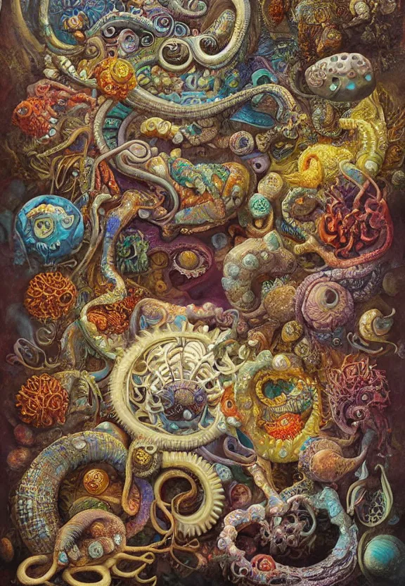 Image similar to simplicity, colorful muscular eldritch mollusks and bodies radiating town fractal, mandala white bones, colorful gems, by h. r. giger and esao andrews and maria sibylla merian eugene delacroix, gustave dore, thomas moran, pop art, chiaroscuro, biopunk, art nouveau