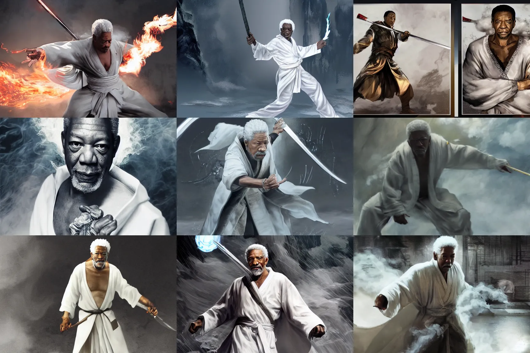 Prompt: Epic Concept art of grandmaster morgan freeman in a one-piece white robe, white hair and white beard, surrounded by white smoke, smoky, full body wuxia, Wudang Swordmanship by Chen Uen, art by Yoji Shinkawa, 4k