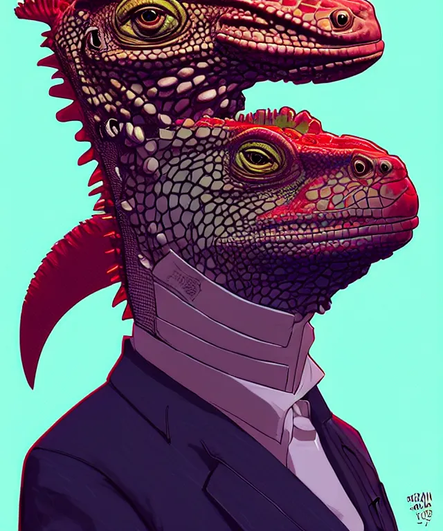 Prompt: a portrait of an anthropomorphic iguana wearing a suit, cyberpunk!, fantasy, elegant, digital painting, artstation, concept art, matte, sharp focus, illustration, art by josan gonzalez