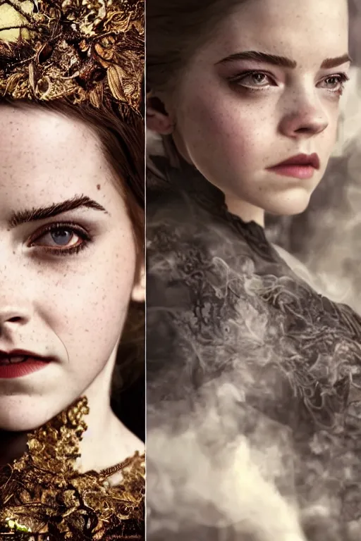 Image similar to a mix of of emma watson, anya taylor - joy and emma stone, evil sorceress elf, game of thrones scenes, hyperrealism, octane render, extremely detailed, intricate smoke magic, lace, style of mark ryden, earl nore, hyung tae, frank frazetta