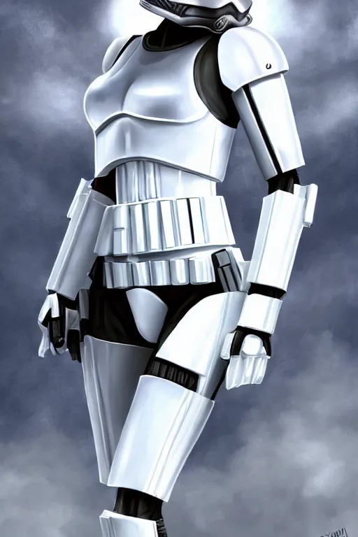 Prompt: style of geoff johns portrait of sexy stormtrooper in white bikini, stormtrooper - helmet, sexy pose, detailed digital matte painting in the style of geoff johns