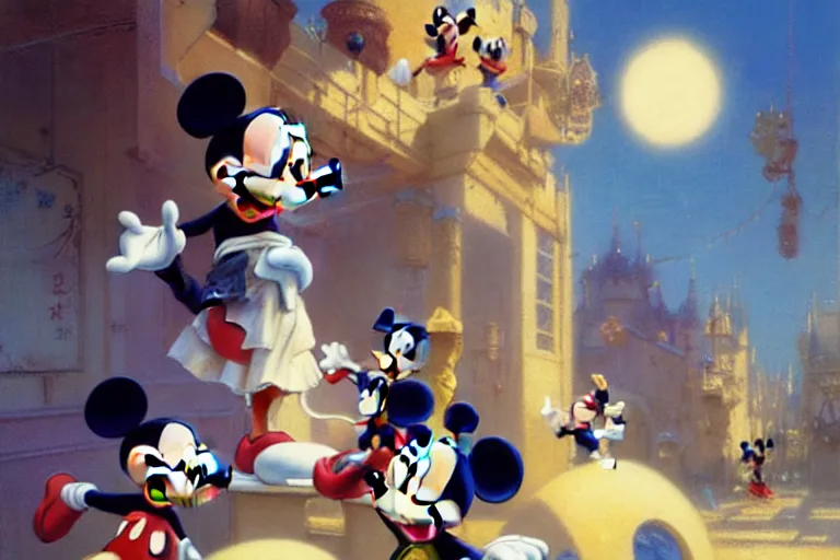 Prompt: mickey mouse donald duck goofy pluto minnie mouse featured in bleach anime, action, bright sunlight, painting by gaston bussiere, craig mullins, j. c. leyendecker, vibrant colors and hard shadows and strong rim light