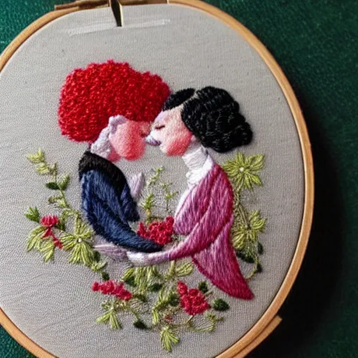 Image similar to a tiny beautiful handmade embroidery of two lovers kissing. hand embroidery.