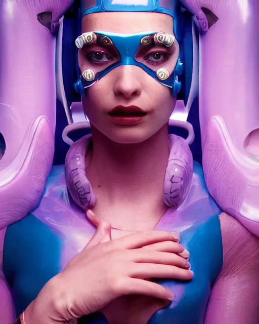 Image similar to natural light, soft focus portrait of a cyberpunk anthropomorphic orca with soft synthetic pink skin, blue bioluminescent plastics, smooth shiny metal, elaborate ornate head piece, piercings, skin textures, by annie leibovitz, paul lehr