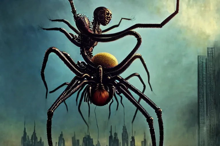 Prompt: realistic detailed closeup portrait movie shot of a beautiful black woman riding a giant spider, dystopian city landscape background by denis villeneuve, amano, yves tanguy, alphonse mucha, max ernst, ernst haeckel, kehinde wiley, caravaggio, roger dean, cyber necklace, rich moody colours, sci fi patterns, wide angle