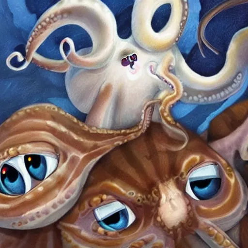 Image similar to octopus and cats taking a selfie together, photorealistic